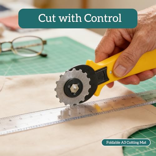 Rotary Cutter Set for Sewing & Quilting, 28mm & 45mm Fabric Cutters with Extra Blades, Foldable A3 Cutting Mat, Scissors, Rulers & Craft Tools Kit for Fabric Cutting, Patchwork, DIY Crafts