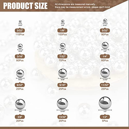 630Pcs Imperial 12 Szies 3/32" 1/8" 5/32" 3/16" 7/32" 1/4" 9/32" 5/16" 11/32" 3/8" 13/32" 1/2" Precision 304 Stainless Steel Loose Bicycle Bearing Steel Ball Assortment Kit for Motorcycles