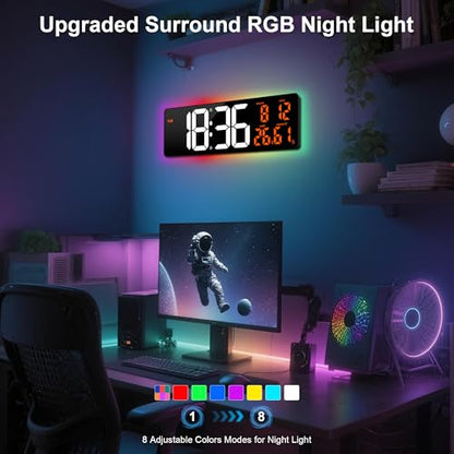 17.3" Large Digital Wall Clock Timer Alarm Clock with 8 Color Night Light - color: Orange&white