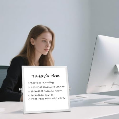 Small Desktop White Board with Stand, 10" x 10" Double-Sided Silver Aluminium Frame Whiteboard, Mini Dry Erase Board for Home, Office, Kitchen - size: 10"W x 10"H