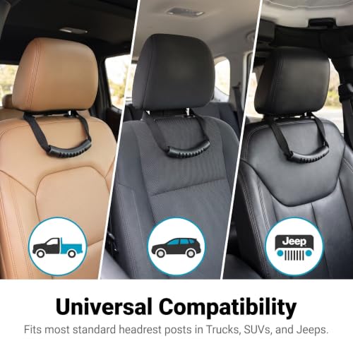 2 PCS Car Headrest Grab Handles, Heavy‑Duty Metal Reinforced Hand Hold Grips, Secure Non‑Slip Passenger Grip Strap, Interior Roof Grab Handles, Compatible with 2007‑2026 Wrangler JK JL JT
