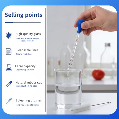 2Pcs Glass Pipette, 10ml Graduated Dropper for Oils with Cleaning Brush, 7.87 Inch Glass Liquid Transfer Pipettes for Essential Oil & Lab Use, Blue
