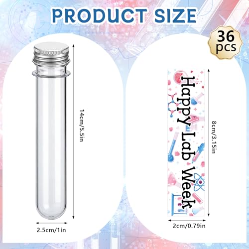 36Sets Lab Week Gifts Clear Plastic Test Tubes with Caps Happy Lab Week Stickers 45ml Small Tube 25mm x 140mm Clear Test Tubes Candy Containers Vials Storage for Sample Powder Seed ScienceThemed Gifts