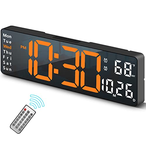 Abovsare Digital Wall Clock for Living Room Decor, Desk Alarm Clock for Bedroom, Large Wall Clock with Remote Control, Automatic Brightness Dimmer LED Clock with Date Temperature Week (Orange-B) - color: Black Case+orange Digit