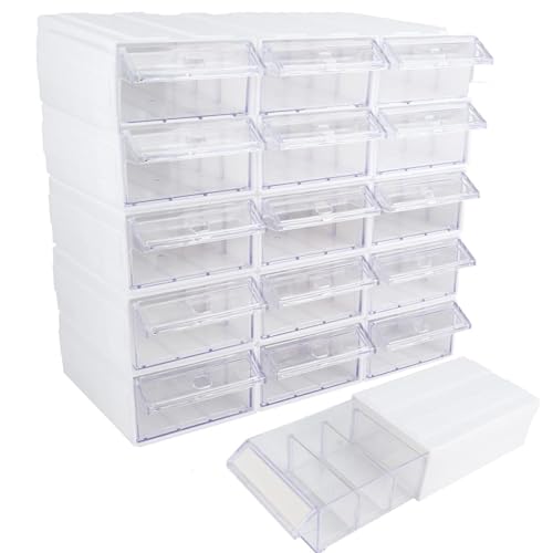 GERRIT Plastic Craft Organizers and Storage,Stackable Storage Drawers, Drawers Storage Closet with 30 pcs Clear Dividers&2 Pen &45pcs Tag Card,Small Parts Organizer (15 pcs-White)
