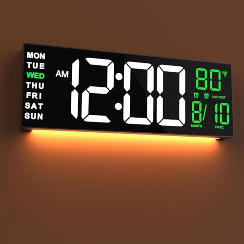 JALL 16" Large Digital Wall Clock with Remote, Back to School Classroom, Gift for Student Teacher, Big LED for Seniors, Auto Dimming, 8 RGB Colors, Night Light, Timer, Temperature for Living Room - color: White Green, size: 16 inches