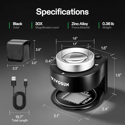 VIVOSUN 30X Rechargeable Loupe Magnifier with LED Light and UV Light, Black - color: Black