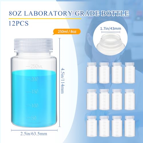 Tatuo 12 Pcs 8oz 250 ml Plastic Sample Bottles with Screw Cap, Liquid Containers with Lid for Lab Reagent Sample Medicine Pill Water Storage, Travel Bottles(Clear,Wide Mouth-White Scale) - color: Clear, size: 8 oz 250 ml, style: Wide Mouth-white Scale