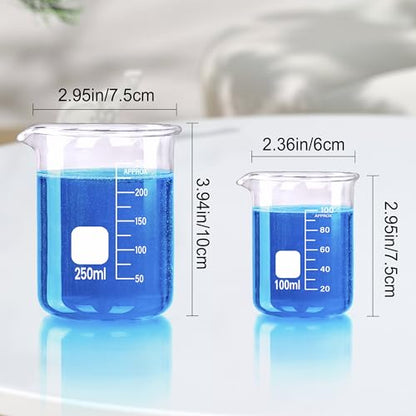 Glass Beakers Set, 5 Sizes - 10ml, 25ml, 50ml, 100ml, 250ml, 3.3 Borosilicate Beaker for Laboratories, Classrooms or Home, Griffin Low Form Lab Beakers