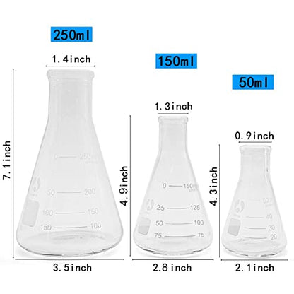 Glass Erlenmeyer Flask Set Graduated Flasks 50ml 150ml 250ml - size: 50ml+150ml+250ml