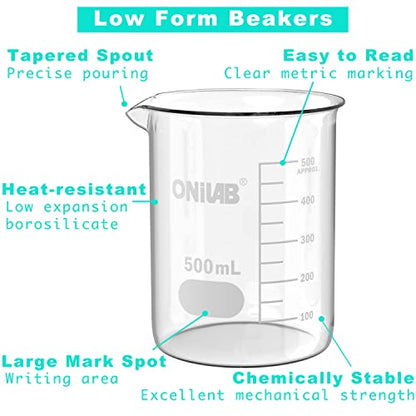 ONiLAB Glass Measuring Beaker Set 50ml 100ml 250ml 500ml 1000ml(Pack of 5) - style: 50/100/250/500/1000ml