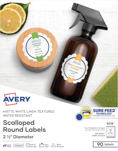 Avery Scallop 2.5 Inch Round Labels with Sure Feed for Laser & Inkjet Printers, 90 White Labels (8218) (Pack of 5) - color: Matte White, size: 2.5" (Pack of 5), style: 90 labels