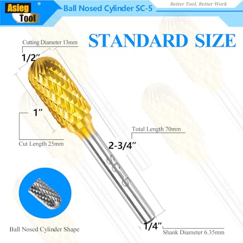 SC-5 5pcs Tungsten Carbide Burr TiN Rotary File Cylindrical Shape with Radius End Double Cut with 1/4''Shank for Die Grinder Drill Bit - style: 5pcs SC-5 TIN