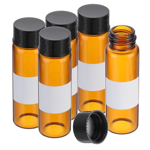 PATIKIL Small Glass Sample Bottles with Lids, 5 Pcs 15ml Amber Glass Vials with Black Screw Caps Mini Leak Proof Reagent Sealed Bottles with Writing Label for Solid Liquid Powder Storage - color: Black/Amber, size: 15ml