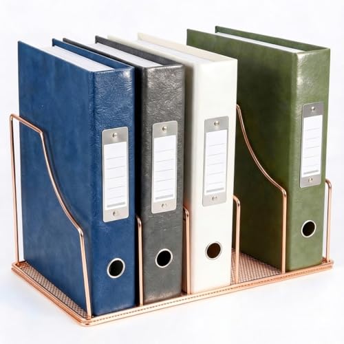 Rose Gold Binder Organizer for Desk, 5 Slot Metal Wire Vertical File Sorter with Mesh Bottom, Desktop Magazine Holder Rack for 2 Inch Binders, Medical Coding Books, Vinyl Records, 12.1" - color: Rose Gold