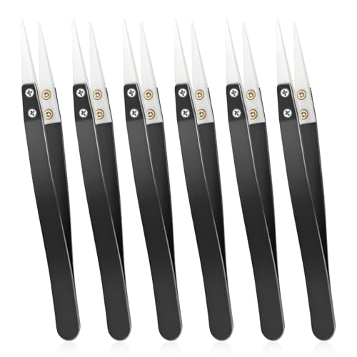 6pcs Ceramic Tweezers Stainless Steel Ceramic Precision Tweezers for Electronics, Non-Conductive Anti Static High Temperature Resistant Fine Point Tweezer for Precision Electrical Operation, Black