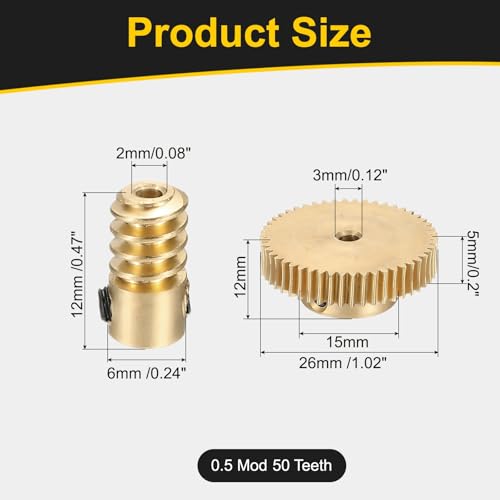 uxcell Worm Gear Set Right Rotation 50T 0.5 Module 1:50 Reduction Rate - size: Gear-3mm, Rod-2mm Bore, style: 0.5M-50T
