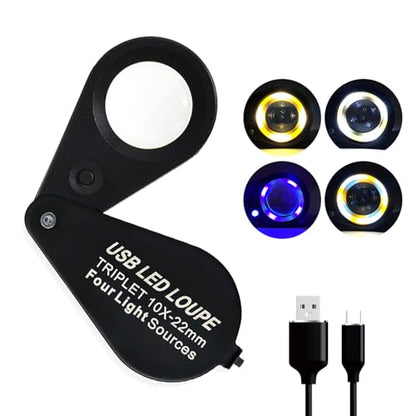 Rechargeable10x Jewelers Loupe Magnifier with UV&LED Lights, Eye Loupe 10x Magnifying Glass is Equipped with a 22mm Triplet Lens.Professional-Grade for Diamonds, Gemstones,Coins and Stamps - size: 10x Black