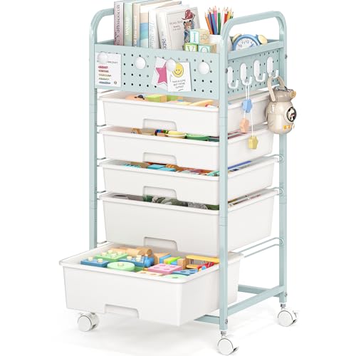 5 Drawer Rolling Storage Cart with Pegboard Top and Hooks, Green - color: Green, size: 5-Drawers