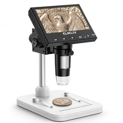 Elikliv Microscope, Digital Coin Microscope 1000x with Lights, EDM4, 4.3'' - color: White