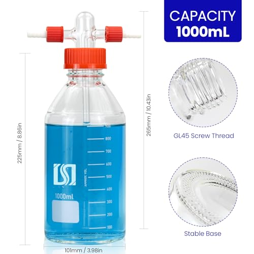 ALWSCI 1000ml Gas Washing Bottle Lab Glass Drechsel Head GL45 1Set - size: 33.8 Ounces