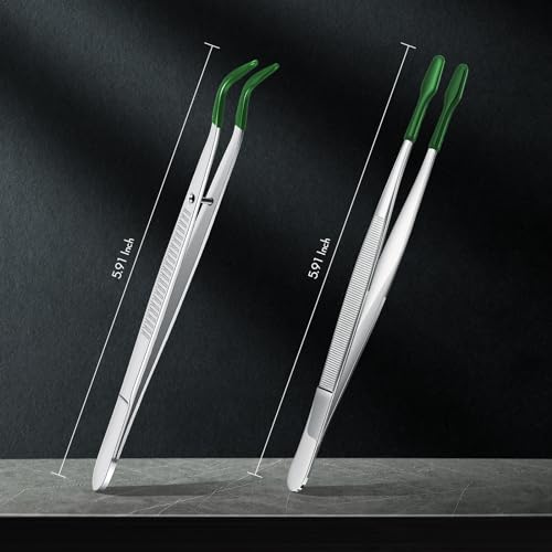 Honoson 2pcs Tweezers with Rubber Tips Set Bent and Straight, Silver, Green - color: Silver, Green