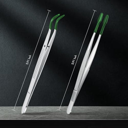 Honoson 2pcs Tweezers with Rubber Tips Set Bent and Straight, Silver, Green - color: Silver, Green