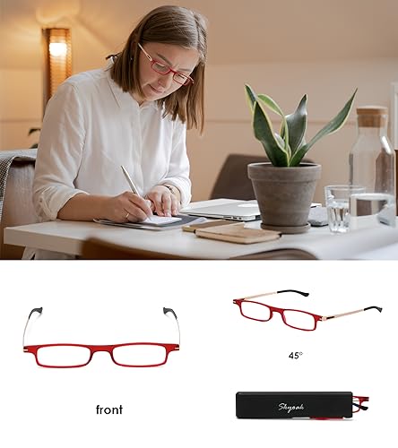 SKYOAK Ultra thin Lightweight Folding Reading Glasses Women Men TR90 Blue Light Blocking Anti UV/Eyestrain Foldable Compact Computer Readers Portable Unique Stretchable Slim Flat Case Red +2.0 - color: Red