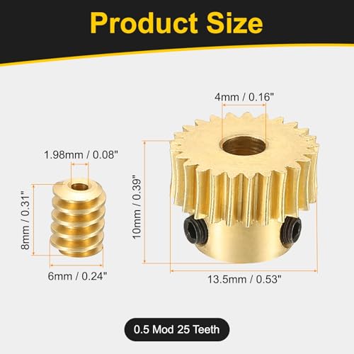 uxcell Worm Gear Set Right Rotation 25T 0.5 Module 1:25 Reduction Rate - size: Gear-4mm, Rod-1.98mm Bore, style: 0.5M-25T