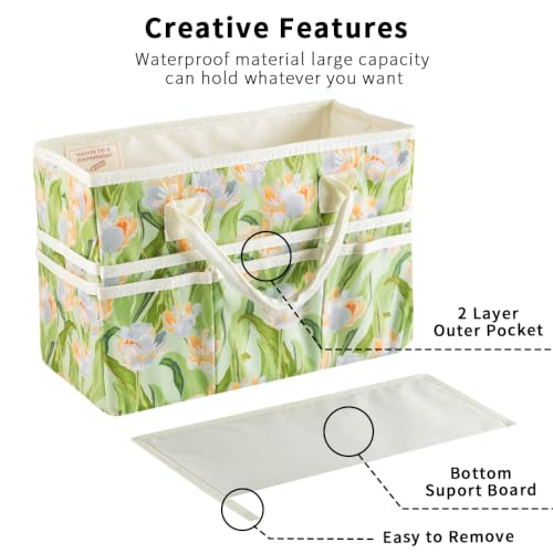 Craft Organizer Tote Bag with Multiple Pockets,Green Leaves Tulips - color: Green Leaves Tulips