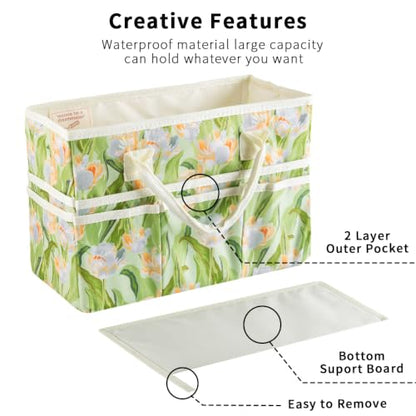 Craft Organizer Tote Bag with Multiple Pockets,Green Leaves Tulips - color: Green Leaves Tulips