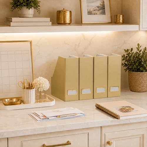 BLU MONACO | Gold Cardboard Magazine File Holder Set of 4 | Vertical Magazine File Holder for Shelves | Standing File Holder Desk Organizer - color: Gold