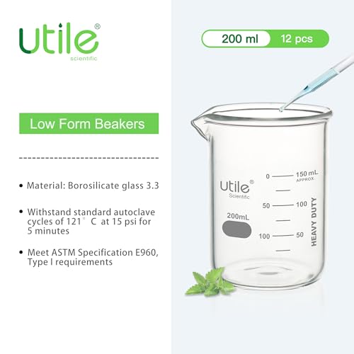 Utile 200ml Beaker Set, 12pcs of 6.8oz Upgraded Thickening Grass Beakers, Low Form Chemical Lab Beakers, Borosilicate 3.3 Glass with Printed Graduation, 4000.0200.12 - style: 200 ml (12pcs)