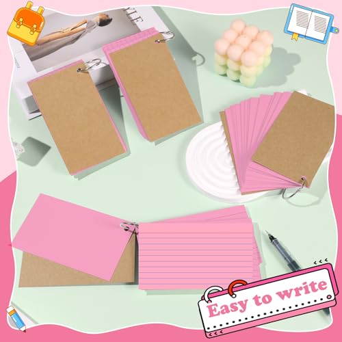 200 Count Pink Index Cards 3x5 Inch Flash Cards Note Cards with Ring - color: Pink-200 Count, size: 3x5