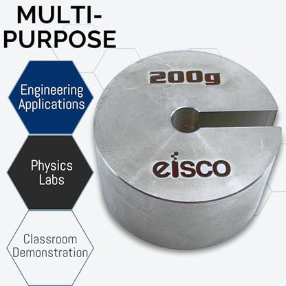 Eisco Labs - 200g Stainless Steel Slotted Mass – Durable Precision Weight with 1.5" Outer Diameter, Slotted for Lab, Physics & Educational Use, Pack of 5
