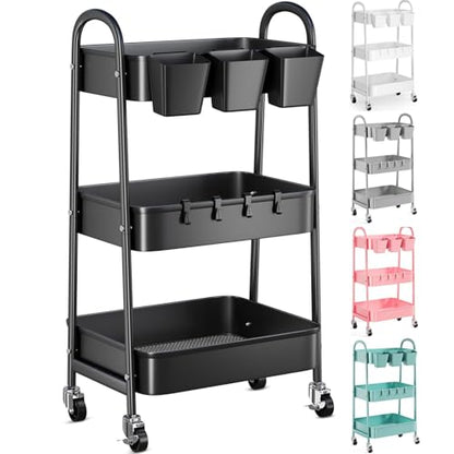 3 Tier Metal Rolling Cart with Lockable Wheels,Black Three Tiered Art Carts - color: Matte Black, size: 3 tier