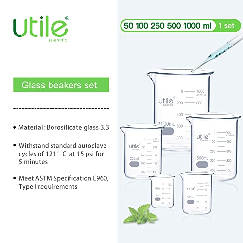 Utile Glass Beaker Set, Low Form Beakers, 5 Sizes of Vol.50ml 100ml 250ml 500ml 1000ml, 3.3 Borosilicate Glass with Double Scale Printed Graduation, 4099.0017.1 - style: 50ml 100ml 250ml 500ml 1000ml