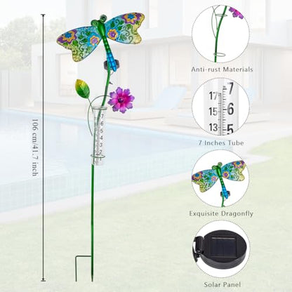 Solar Rain Gauge Outdoor, 7 Inch Tube Dragonfly Rain Gauge