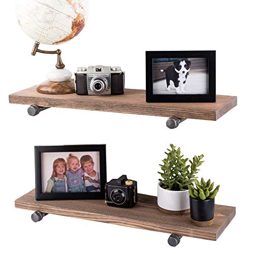 Industrial Pipe Wooden Shelves Restore by Pipe DÉCOR Premium Douglas Fir Wood Shelving 24 Inch Length Set of 2 Boards and 4 Straight Brackets Sunset Brown Finish - color: Sunset Brown, size: 24 Inch