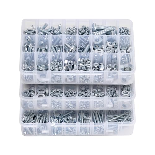 VEVOR 2250 Pcs Bolts and Nuts Assortment Kit, Metric + Imperial Machine Screws and Flat Washers, Alloy Steel M3/M4/M5/M6/M8 Multiple Size, for Equipment/Vehicle Assembly,Galvanized White - size: 2,250 PCS - Metric & Imperial
