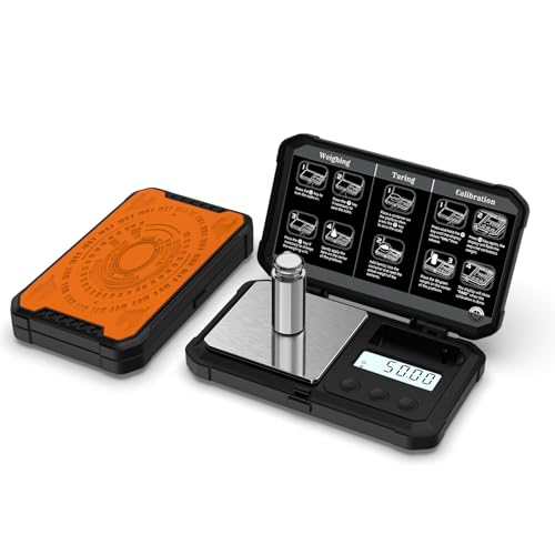 Digital Gram Scale 200g x 0.01g, High Precision Scale for Jewelry, Gold Coins, Powders, Ingredient and Spices, with 50g Calibration Weight, Black & Orange Color - color: Orange