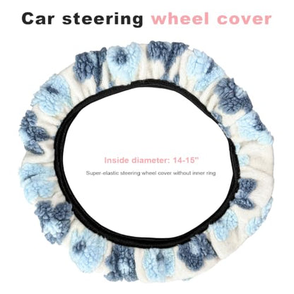 15" Plush Flower Car Steering Wheel Cover (Blue) - color: Blue