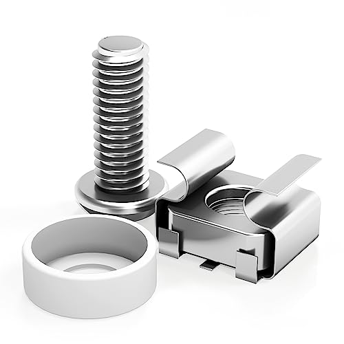 M6 x 16mm Rack Mount Cage Nuts, Screws and Washers - 50 Pack for Server Cabinets, Shelves, Routers - Self-Locking Cable Ties - color: Silver