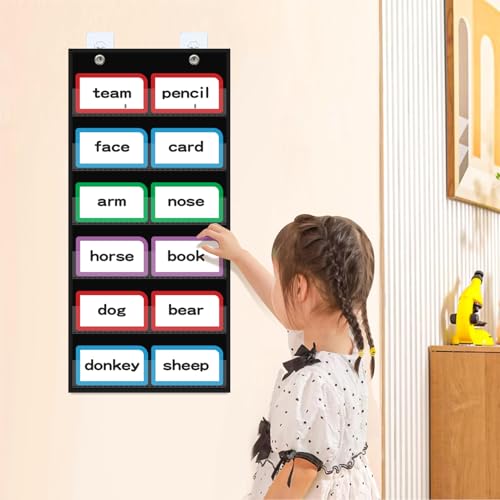 ANCOMEDO 10”W x 25”H Classroom Words Pocket Chart with 6 Clear Pockets, Black Standard Pocket Chart for Classroom and Home for Sentence Strips, Reusable Words Hanging Pocket Chart (Black) - size: 10Wx25H