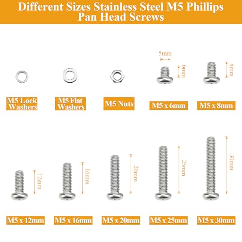216 Pieces M5 Machine Screws Nuts Washers Set, Sutemribor M5 x 6/8/12/16/20/25/30mm Phillips Pan Head Machine Screws Nuts Washers Assortment Kit, 304 Stainless Steel, Fully Threaded - size: M5, style: Phillips Pan Head
