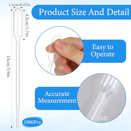 1000 Pcs 1ml Disposable Plastic Transfer Pipettes, Clear Graduated Eye Dropper for Essential Oils, Home Use, Science Class, Lab Experiments, Make up Tool