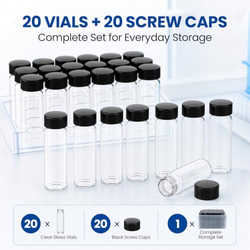 ALWSCI 1 Dram Glass Vials, Small Liquid Sample Vial, 15X45mm 4 ml Borosilicate Glass Empty Vials with Caps, 13-425 Black Screw Caps with PE Liner, Pack of 20 - size: 4ML
