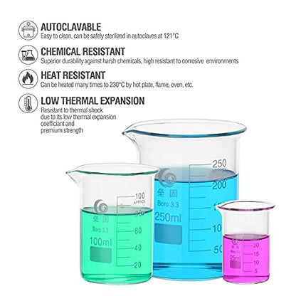 Glass Beaker Set 4 Pack – 25-200ml, Low Form, with Pipettes
