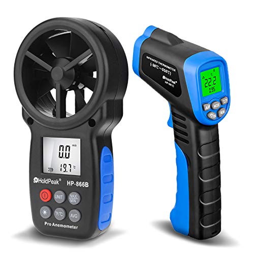 HOLDPEAK 981C Non-Contact Infrared Thermometer Digital Laser Infrared Thermometer -58 to 1022℉ (-50 to 550℃) with Adjustable Emissivity + 866B Digital Anemometer Handheld Wind Speed Meter (2Packs)
