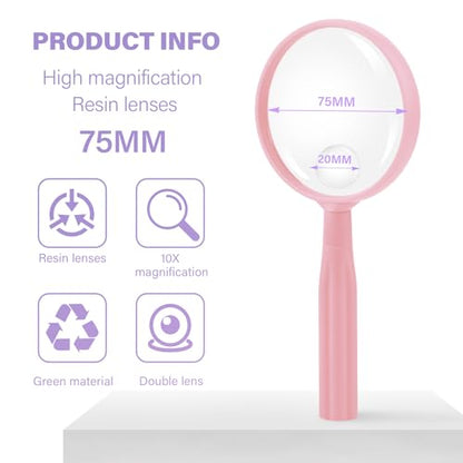 Lakei 10X Handheld Reading Magnifier Glass, Non-Slip Handle,75mm(Pink) - color: Pink, size: 75mm